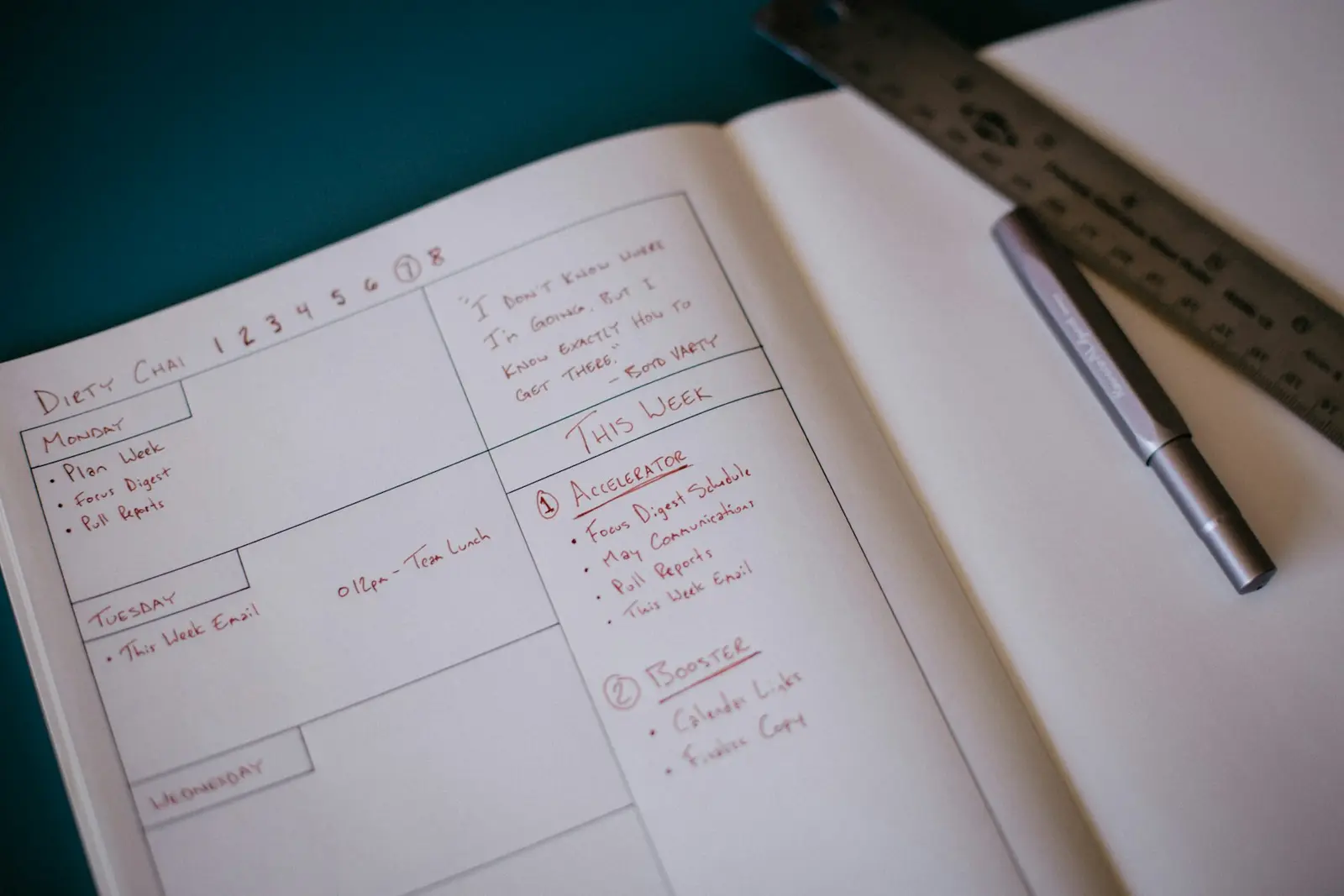 An open notebook with a handwritten weekly checklist in red ink, and a metal ruler and pen resting on the page