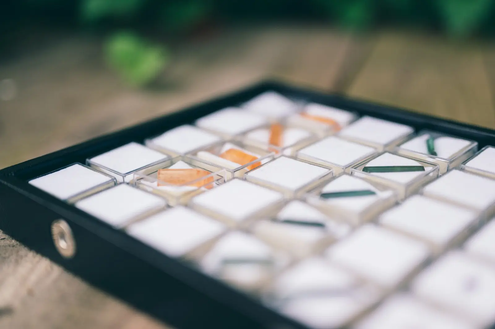 A black tray divided into a grid of white square compartments, a few holding small coloured pieces