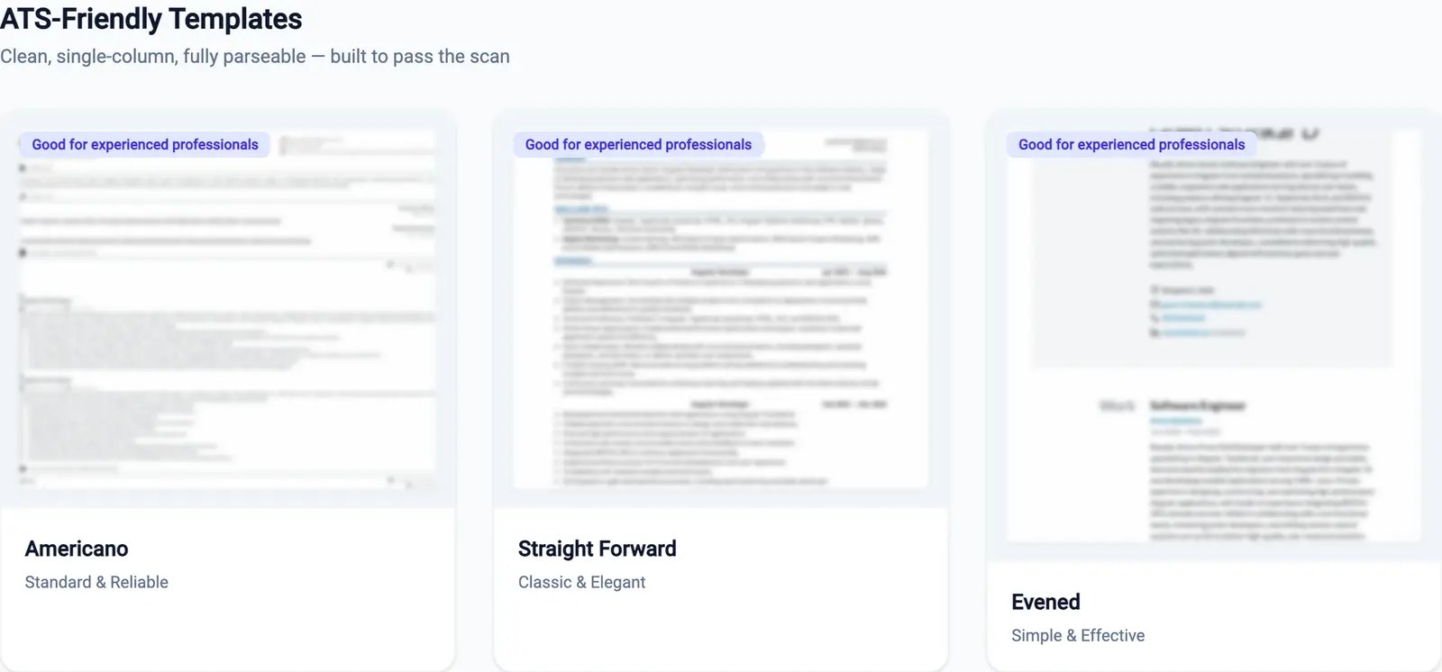 The ATS-Friendly Templates section with the strapline about clean, single-column, parseable layouts, and three template cards: Americano (Standard and Reliable), Straight Forward (Classic and Elegant) and Evened (Simple and Effective). Each preview is blurred so the single-column page structure is visible but the sample text is not readable