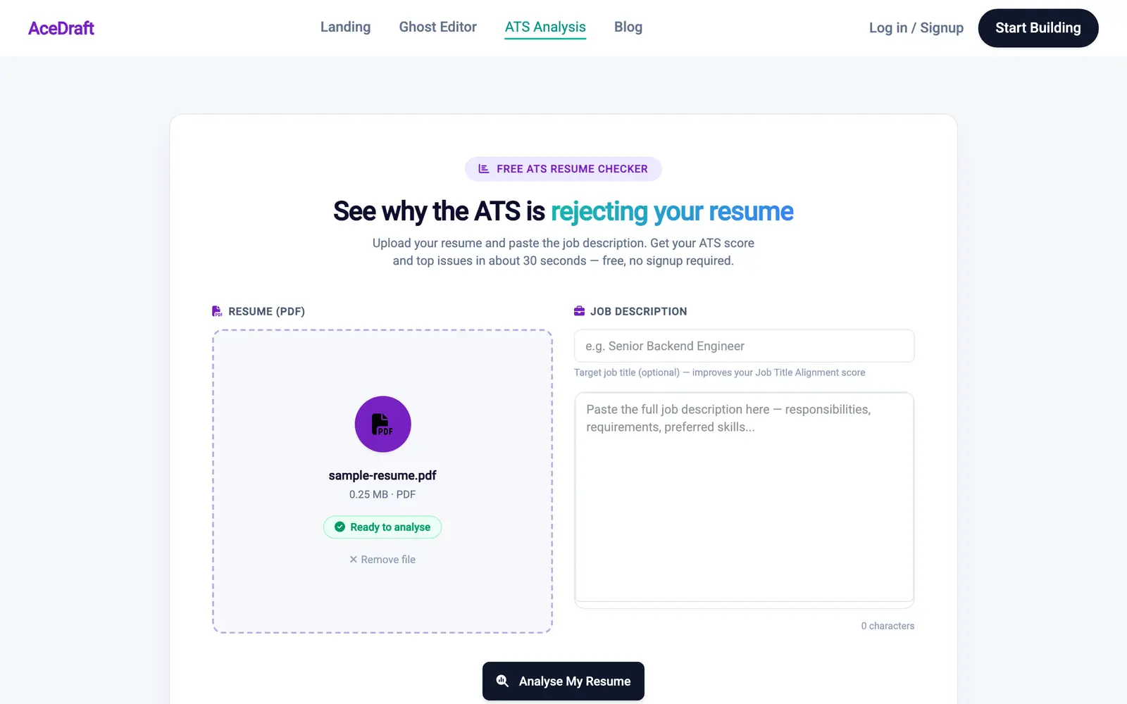 The scanner after a PDF has been chosen. The left drop zone now shows a purple circular PDF badge, the file name 'sample-resume.pdf', '0.25 MB · PDF', a green 'Ready to analyse' chip with a tick, and an 'x Remove file' link. The job-description column is still empty, with the placeholder job title and a '0 characters' counter