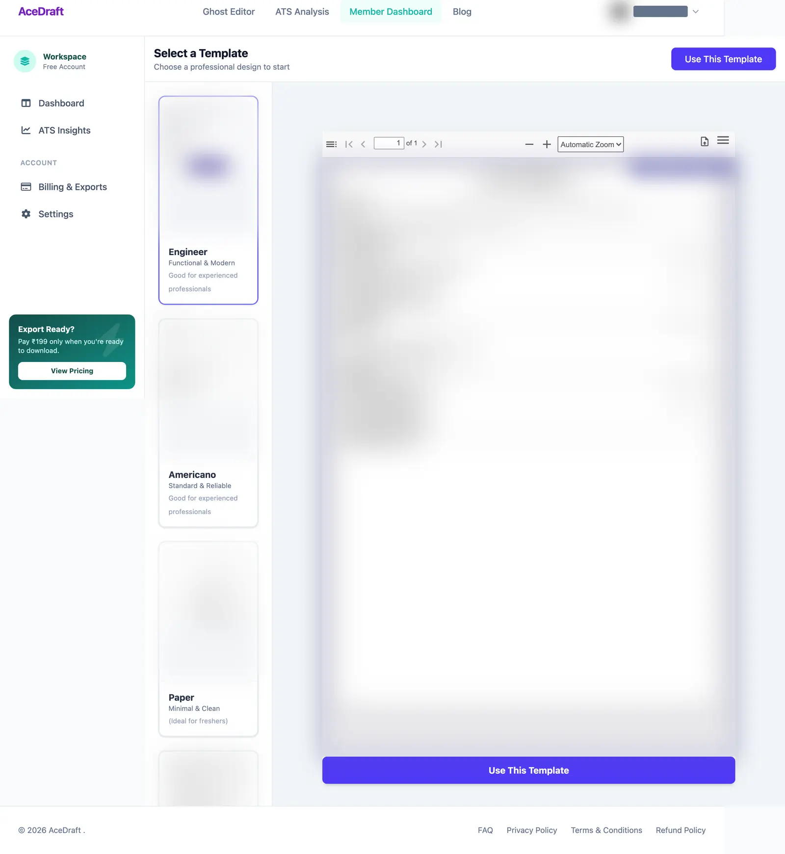 The AceDraft editor inside the signed-in shell: a top bar with an account menu, a left rail listing Workspace, Dashboard, ATS Insights, Billing and Exports and Settings, and a Select a Template column showing Engineer, Americano and Paper.