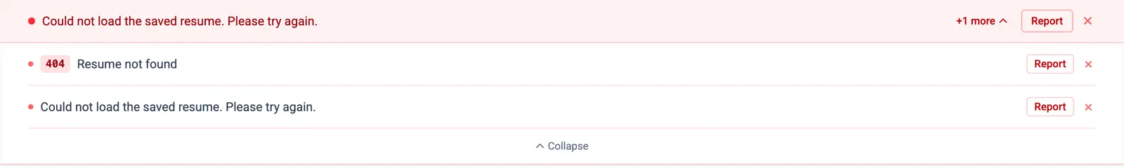 The message bar expanded to show a 404 "Resume not found" entry and a "Could not load the saved resume. Please try again." entry.