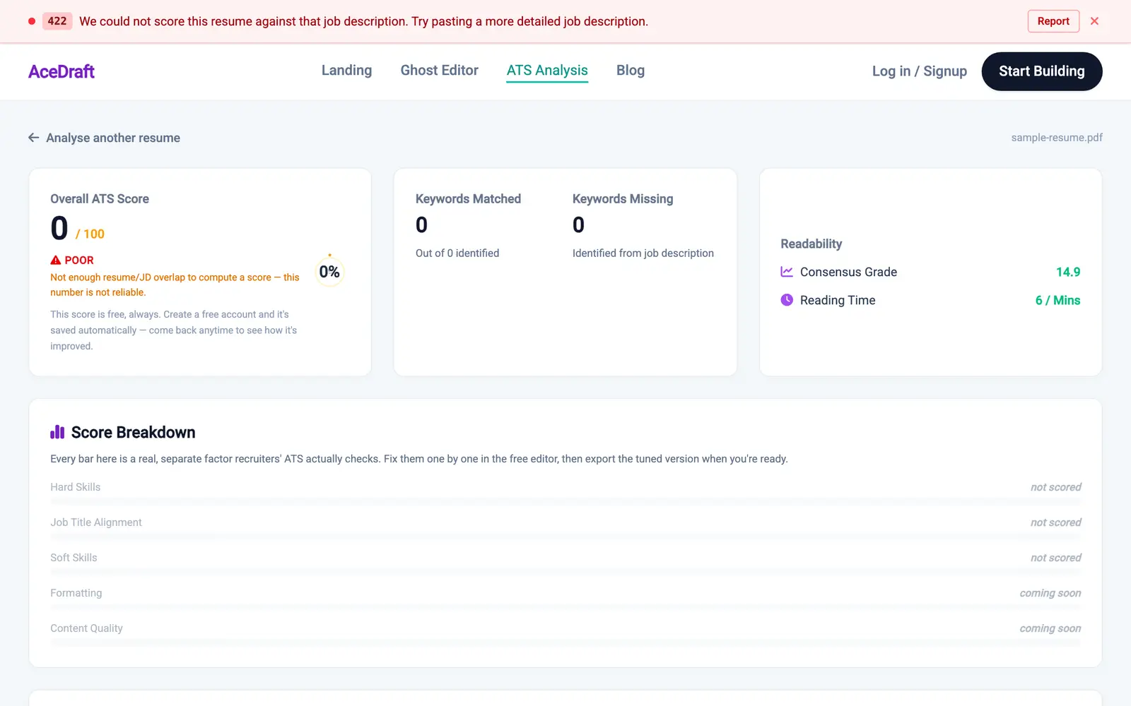 The top of the result screen for the scan with no job title. A red dev-server error banner reads '422 — We could not score this resume against that job description. Try pasting a more detailed job description.' Below it, 'Overall ATS Score 0 / 100' with a red warning icon and the word 'POOR', an amber caveat reading 'Not enough resume/JD overlap to compute a score — this number is not reliable', a 0% dial, keyword cards showing 0 matched and 0 missing, readability at Consensus Grade 14.9, and a Score Breakdown with all five rows dimmed