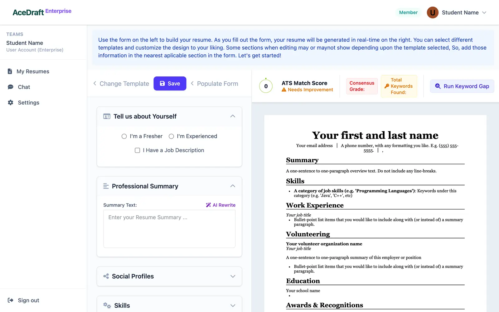The enterprise resume editor with the Change Template link, an indigo Save button and a Populate Form link above the form, and the live preview on the right.