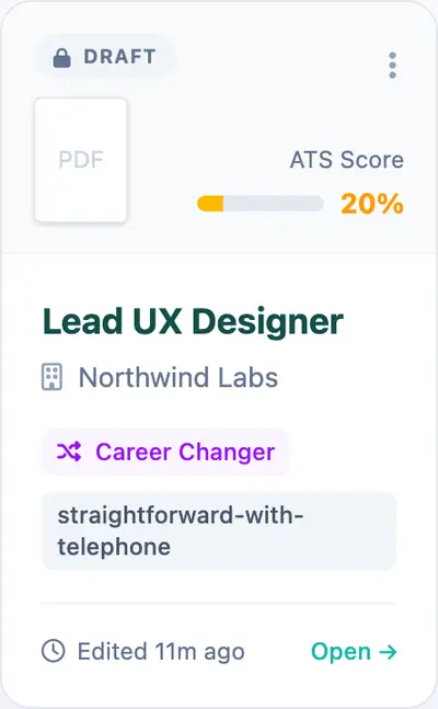 One resume card on hover: a grey Draft pill with a padlock, a three-dot button at the top right, an ATS Score bar, the title Lead UX Designer, the company Northwind Labs, a purple Career Changer tag, a template name, an Edited time and a teal Open link.