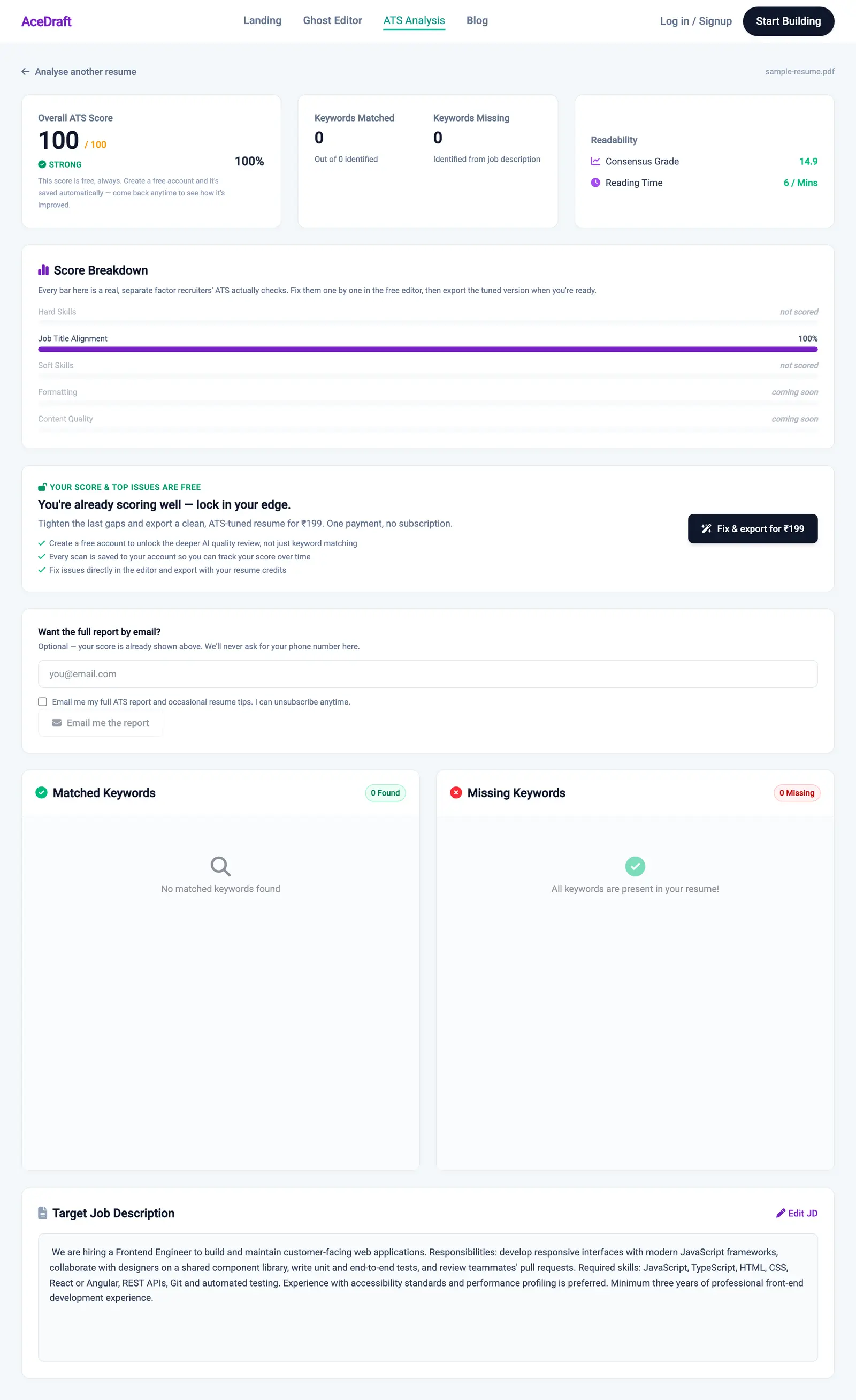 The entire result screen top to bottom: the score, keywords and readability cards, the five-row Score Breakdown, an upsell panel headed 'YOUR SCORE AND TOP ISSUES ARE FREE' with a 'Fix and export for ₹199' button and three ticked benefits, an optional 'Want the full report by email?' card with an email field and a disabled button, two side-by-side cards reading 'Matched Keywords — 0 Found — No matched keywords found' and 'Missing Keywords — 0 Missing — All keywords are present in your resume!', and a 'Target Job Description' card showing the pasted posting with an 'Edit JD' link