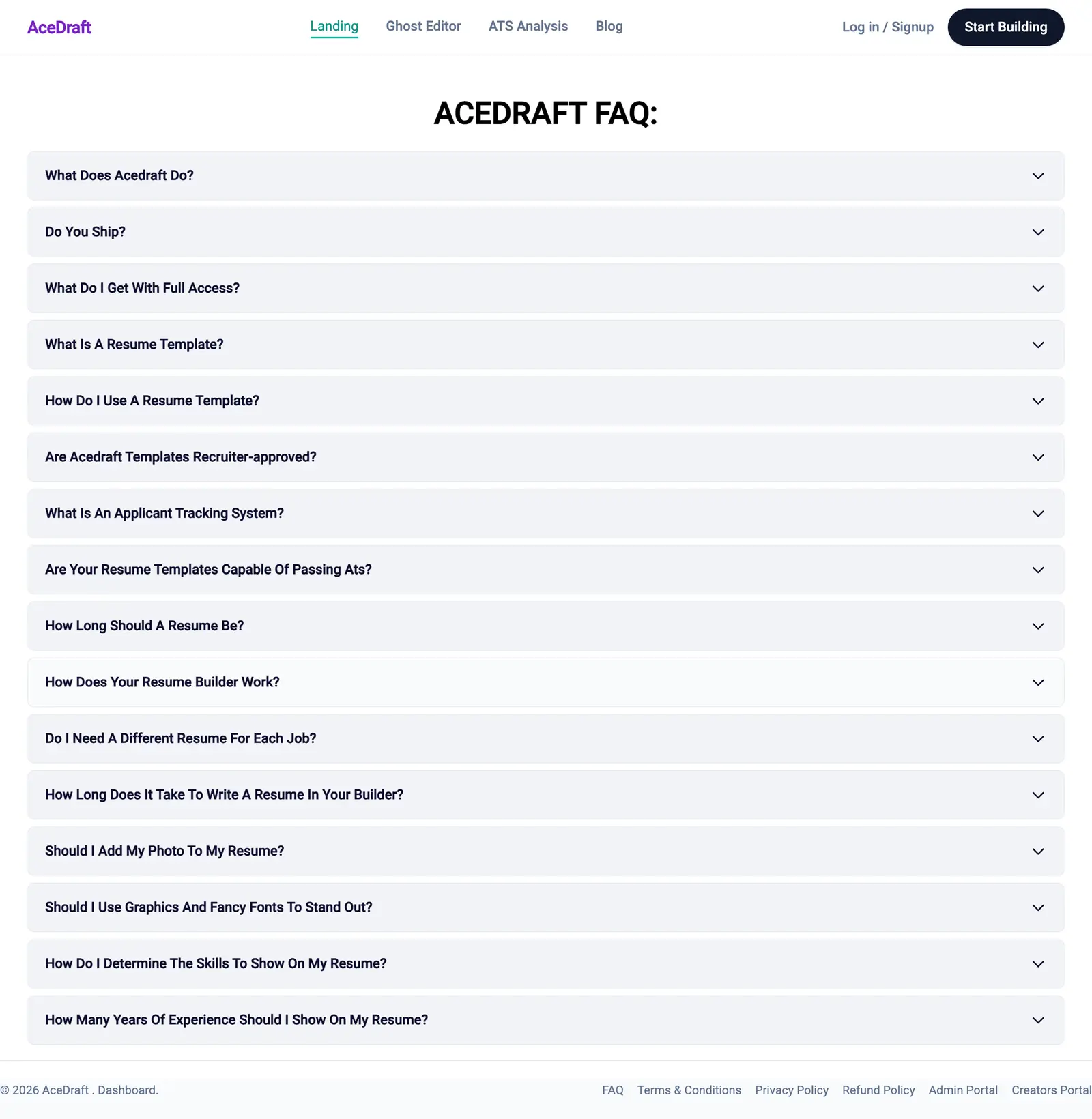The full AceDraft FAQ page with every item collapsed, showing sixteen grey question rows stacked under a centred heading, each row with a chevron on the right