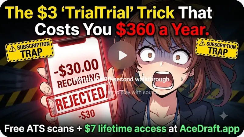 Close crop of the unplayed short demo. Illustrated poster art about a cheap trial costing hundreds a year, with two yellow SUBSCRIPTION TRAP badges, a phone showing a rejected recurring charge, and a banner reading 'Free ATS scans + $7 lifetime access at AceDraft.app'. A translucent play triangle sits in the centre under the white caption 'Watch the 90-second walkthrough. Muted, tap to play with sound'