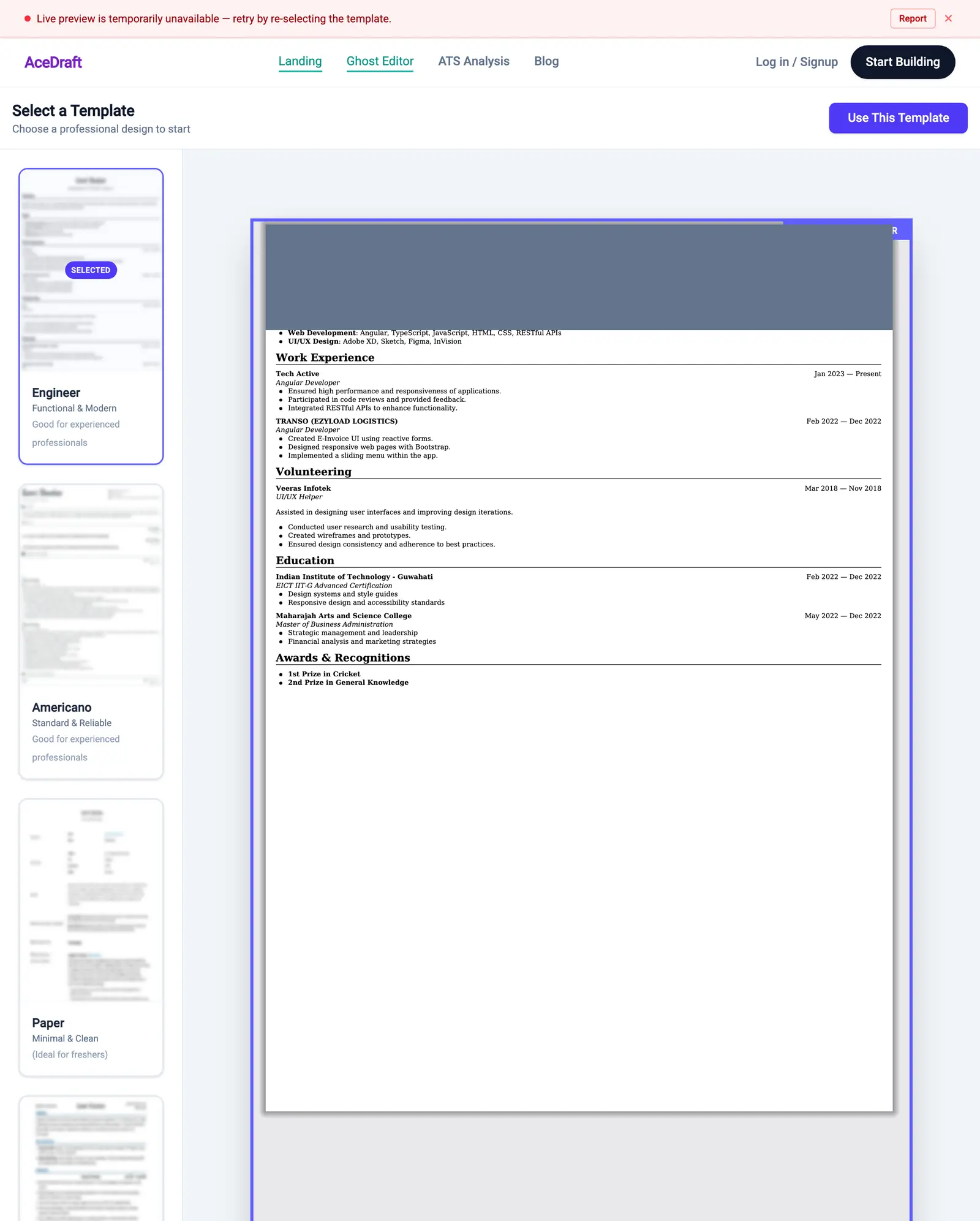 The whole template-picker screen in one image. The left rail scrolls through four templates: Engineer 'Functional and Modern', Americano 'Standard and Reliable', Paper 'Minimal and Clean' for freshers, and a fourth below. The main pane shows the full selected Engineer resume page with Work Experience, Volunteering, Education and Awards and Recognitions all legible, header block masked.