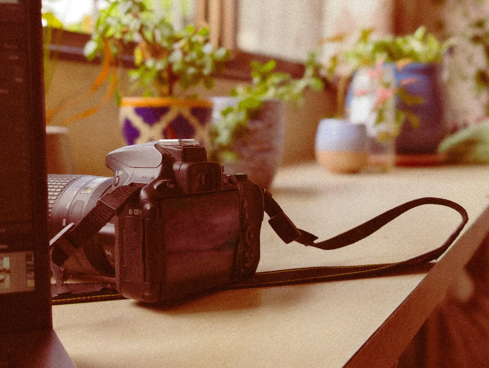 A camera with a long lens and a loose strap lying on a wooden table, with potted plants blurred behind it