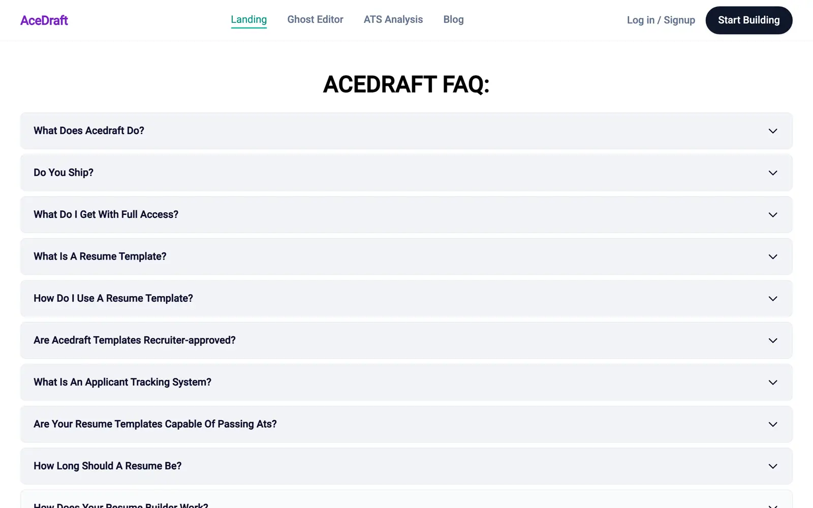The FAQ page in its default collapsed state, with the heading ACEDRAFT FAQ followed by a colon, a stack of full-width grey question rows, and no answer text visible