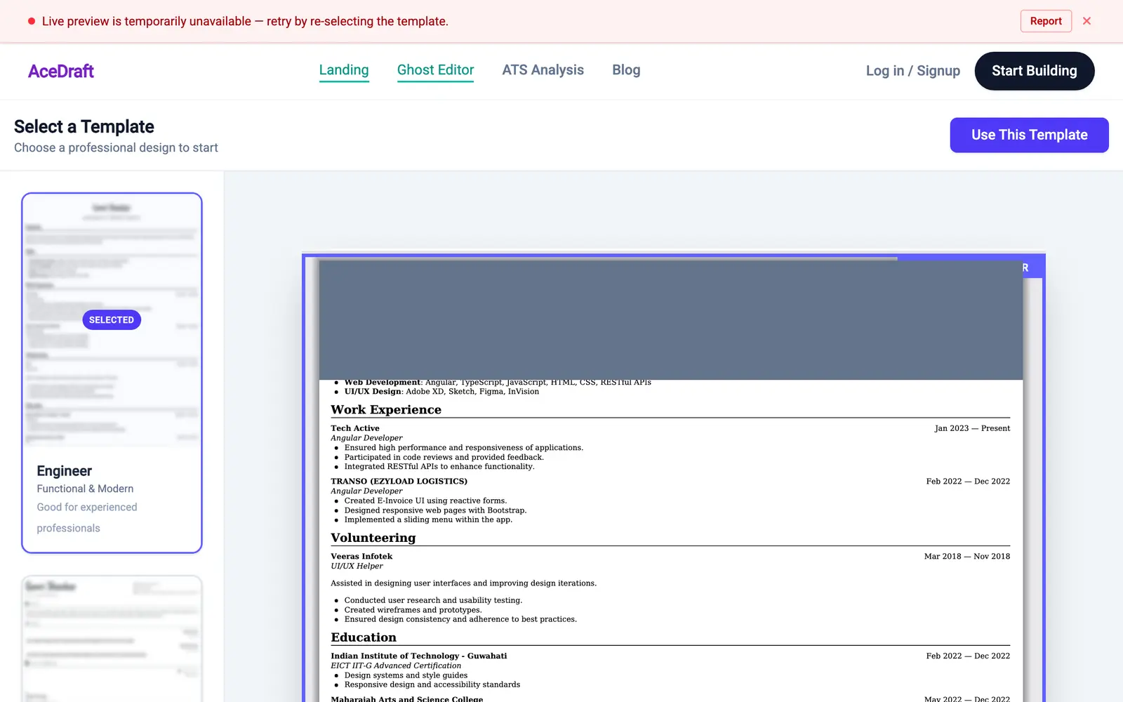 The guest editor's first screen. A toolbar reads 'Select a Template, choose a professional design to start' with a purple 'Use This Template' button. The left rail lists template thumbnails; the first, Engineer, has a purple SELECTED pill. The main pane shows the enlarged Engineer preview with its header block covered by a grey mask bar. A red banner reads 'Live preview is temporarily unavailable'. The page header shows 'Log in / Signup'.