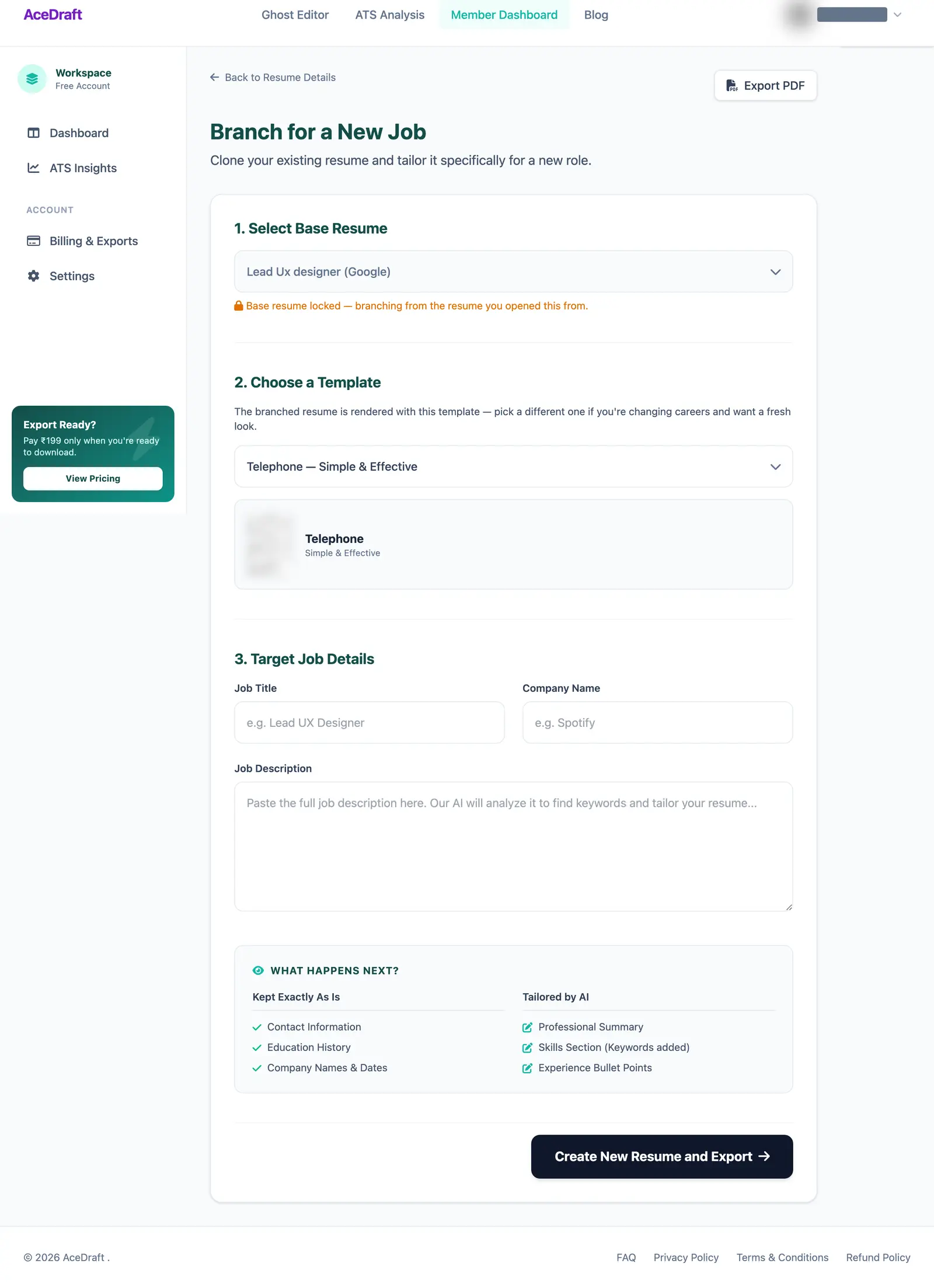 The empty Branch for a New Job form: a greyed-out base resume dropdown with an amber Base resume locked note, a template dropdown reading Telephone, blank Job Title, Company and Job Description fields, and a Create New Resume and Export button.