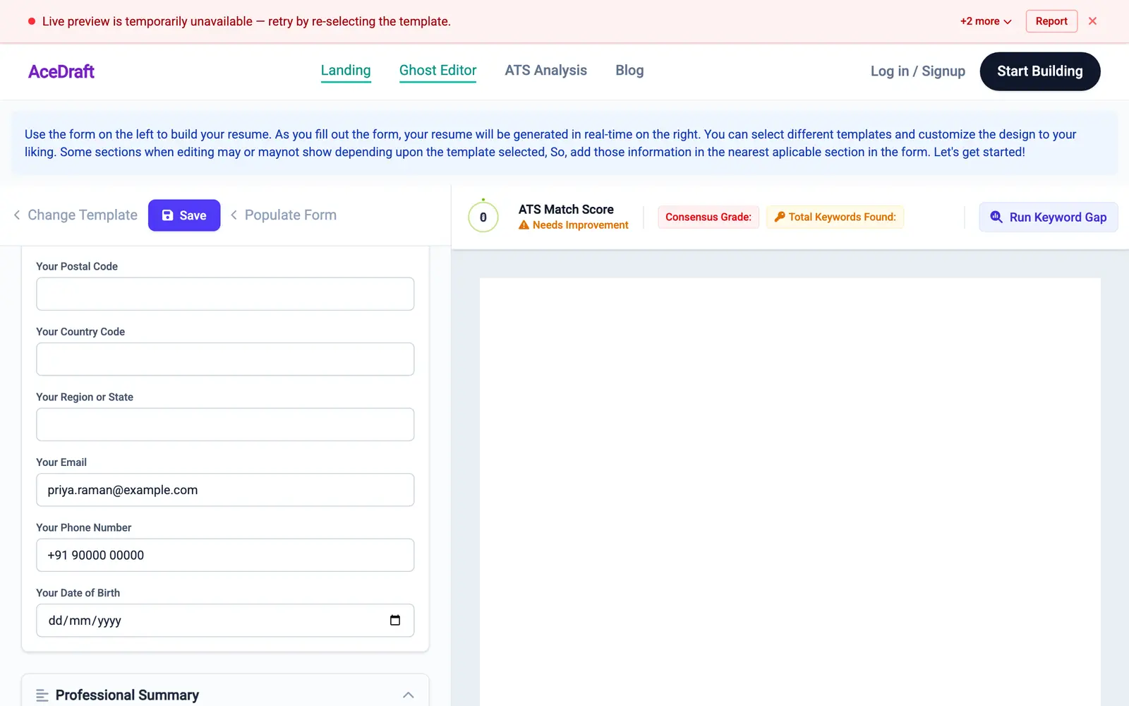 The same editor after typing. The Professional Summary box contains a front-end engineer summary mentioning Angular and TypeScript, a component-library rewrite and mentoring four junior developers. Contact fields 'Your Phone Number' and 'Your Date of Birth' are visible above it as part of the expanded identity block. Social Profiles is collapsed below. The ATS Match Score dial still reads 0 and the preview pane is still blank, with the backend offline during capture.