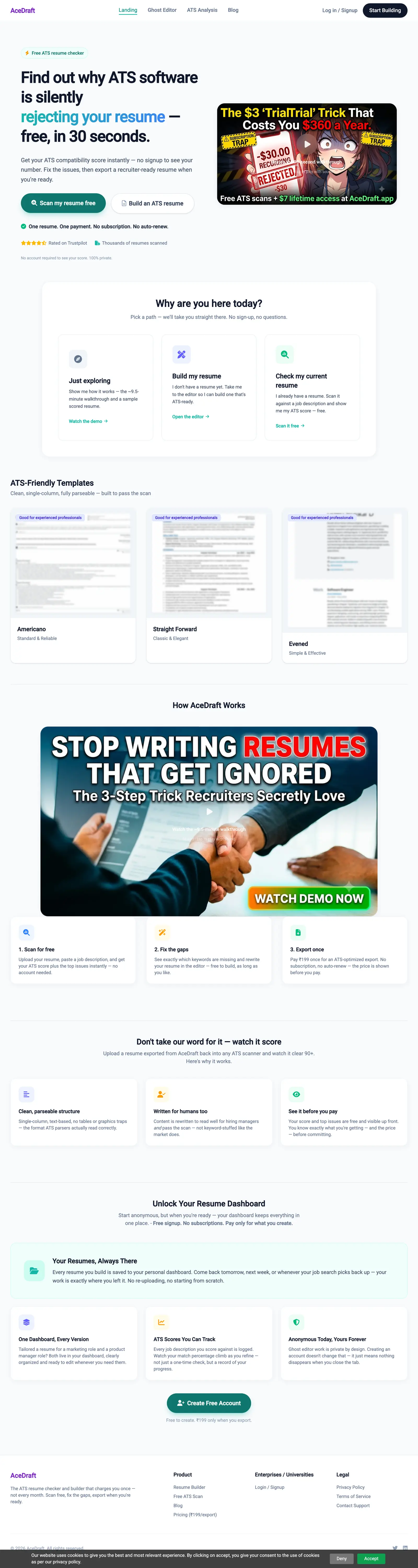 The full signed-out AceDraft landing page from header to footer: hero with two buttons and a video poster, a 'Why are you here today?' section with three path cards, an ATS-Friendly Templates row of three blurred template previews, a How AceDraft Works section with a second video poster above three numbered steps, three reassurance cards, an account-benefits section with a Create Free Account button, and a footer with Product, Enterprises / Universities and Legal columns
