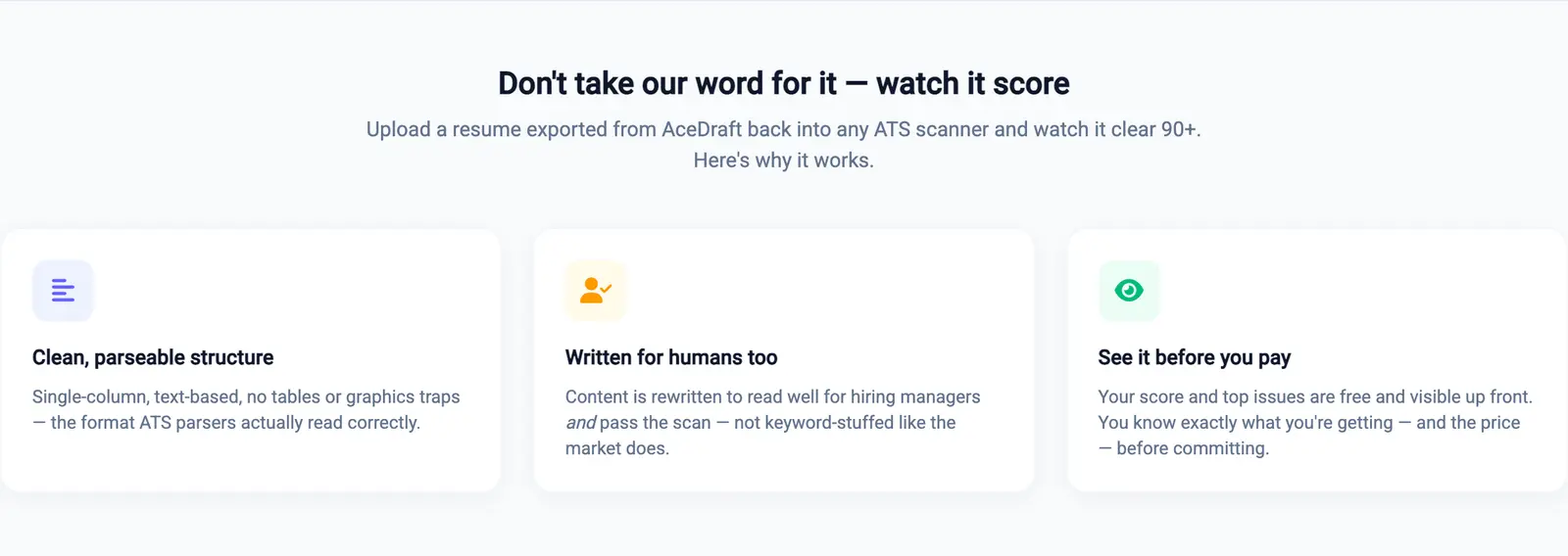 The proof section headed 'Don't take our word for it' with three cards: 'Clean, parseable structure' (single-column, text-based, no tables or graphics traps), 'Written for humans too' (reads well for hiring managers and is not keyword-stuffed) and 'See it before you pay' (score and top issues are free and visible up front)