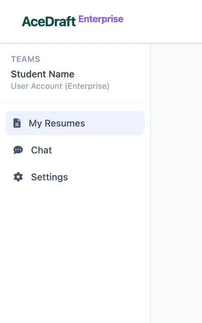 The enterprise student side menu showing only My Resumes, Chat and Settings, with no ATS analysis entry.