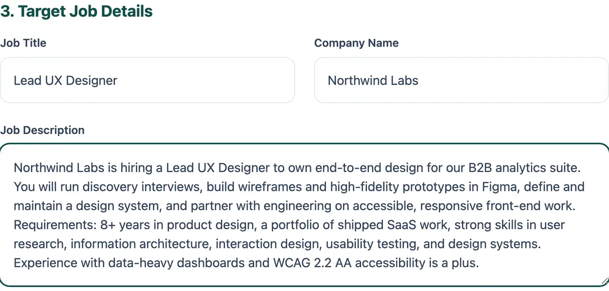 Close-up of step 3, Target Job Details: the Job Title field filled with Lead UX Designer, the Company Name field filled with Northwind Labs, and the Job Description box filled with a six-line fictional posting.