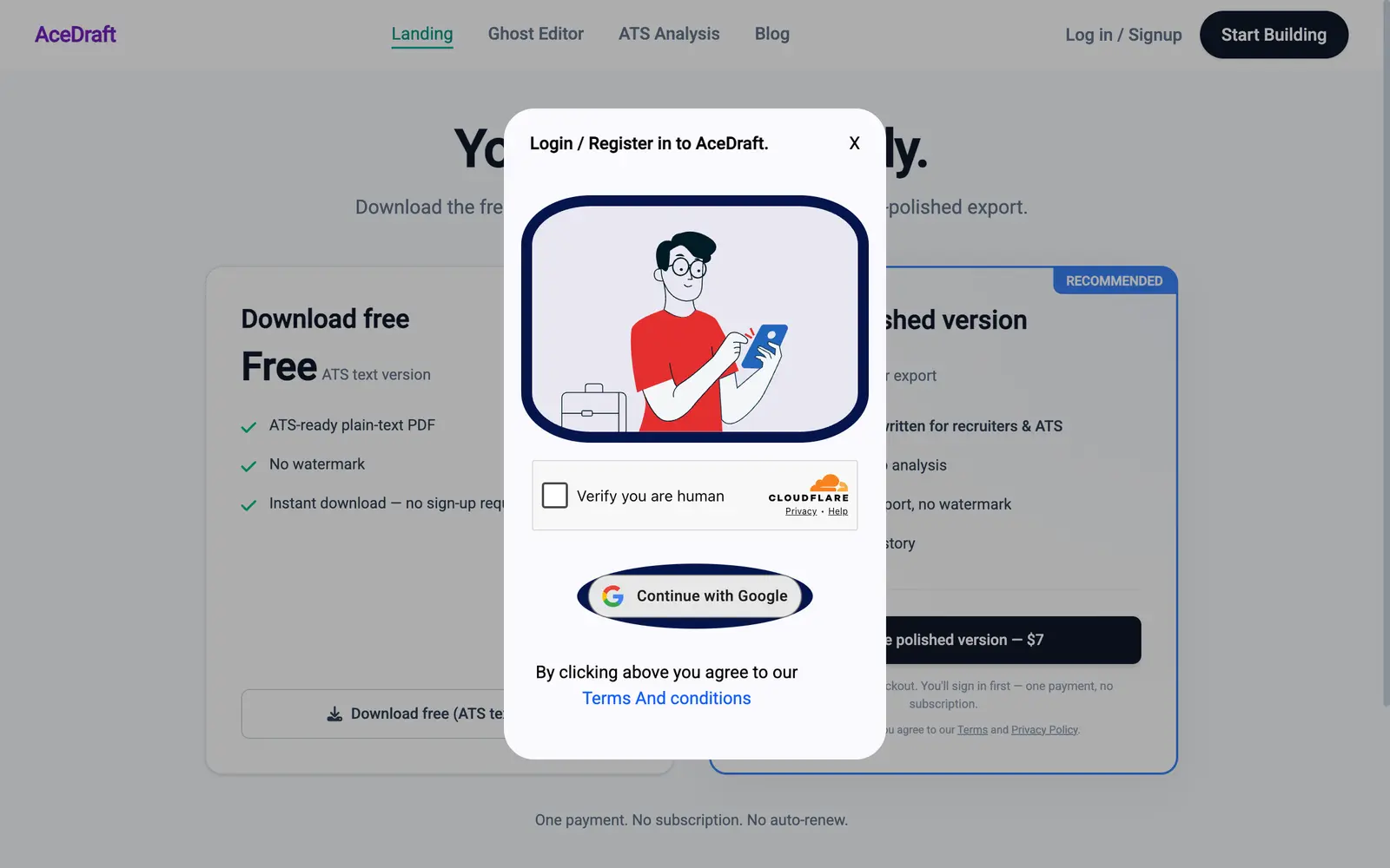 The moment after a signed-out guest clicks the paid button. The export screen dims behind a modal titled 'Login / Register in to AceDraft.' with an X close control. Inside the modal: an illustration of a person holding a phone, a Cloudflare Turnstile widget with an unticked 'Verify you are human' checkbox and Privacy and Help links, a bordered 'Continue with Google' button carrying the Google mark, and the line 'By clicking above you agree to our Terms And conditions' with the terms text linked. No payment window has opened. Behind the modal, the free card's ticks and the paid card's RECOMMENDED badge are still visible