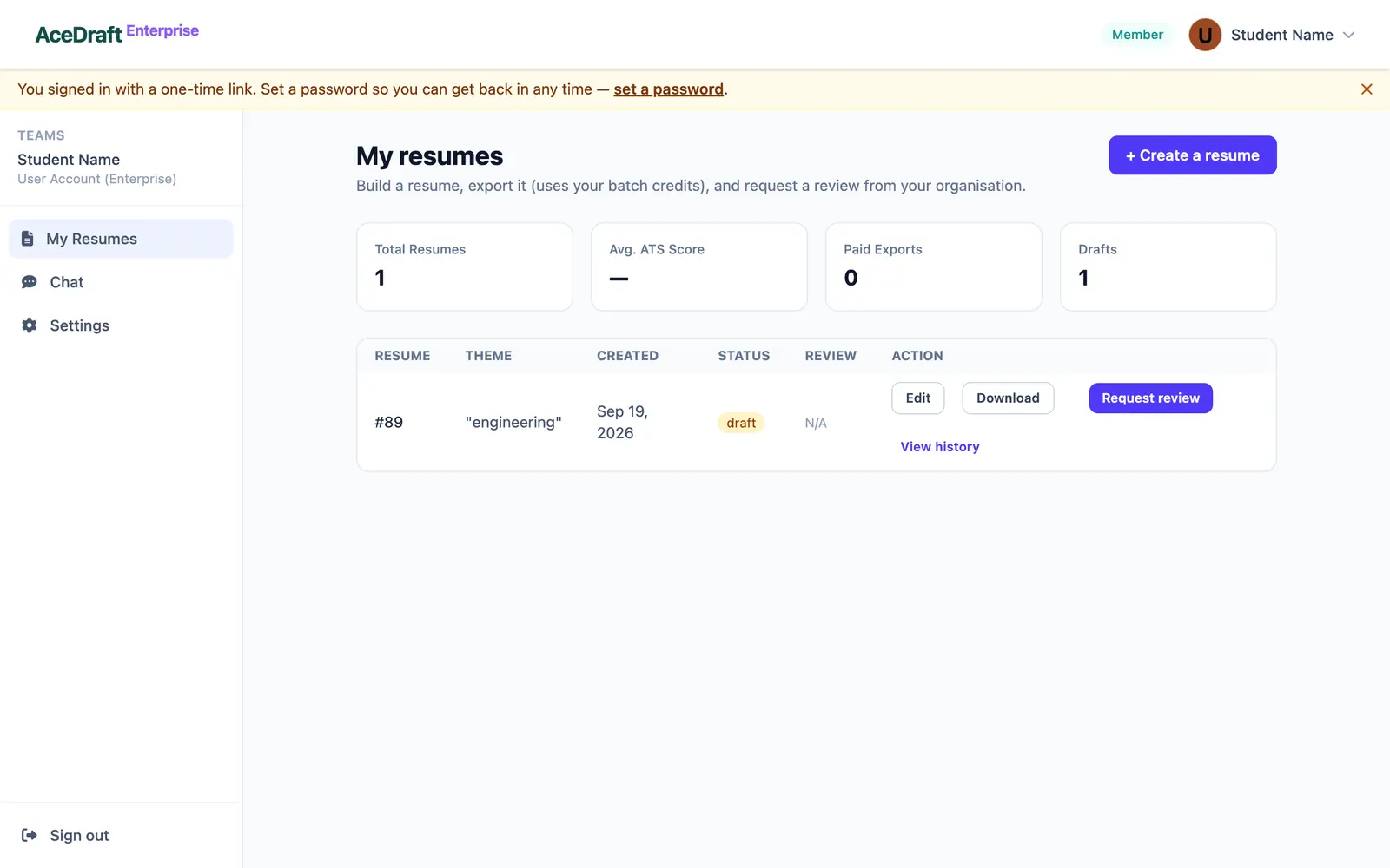 The My Resumes table with one draft row and its Edit, Download, Request review and View history buttons.