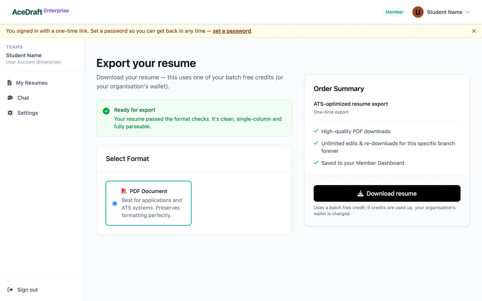 The enterprise export page: a green Ready for export banner, a Select Format card with PDF selected, an Order Summary card with no price, and a black Download resume button.