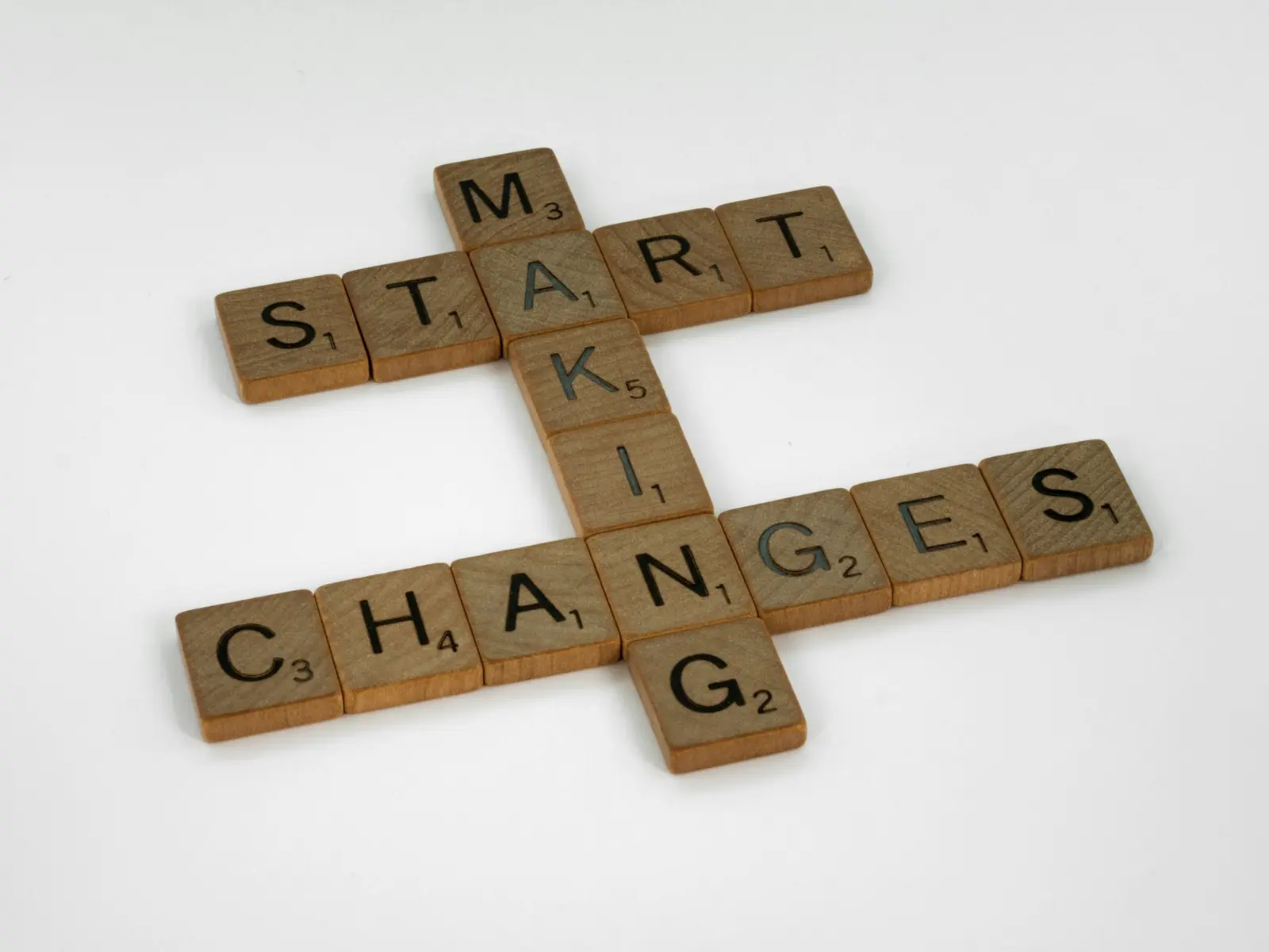 Wooden letter tiles on a white surface spelling START MAKING CHANGES in a crossword pattern