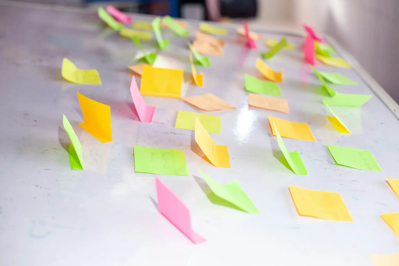 Yellow, orange, pink and green sticky notes spread across a whiteboard, some curling up at the edges