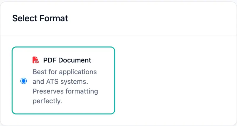 The Select Format card on the export page with a single selected option, PDF Document, described as best for applications and ATS systems and preserving formatting.