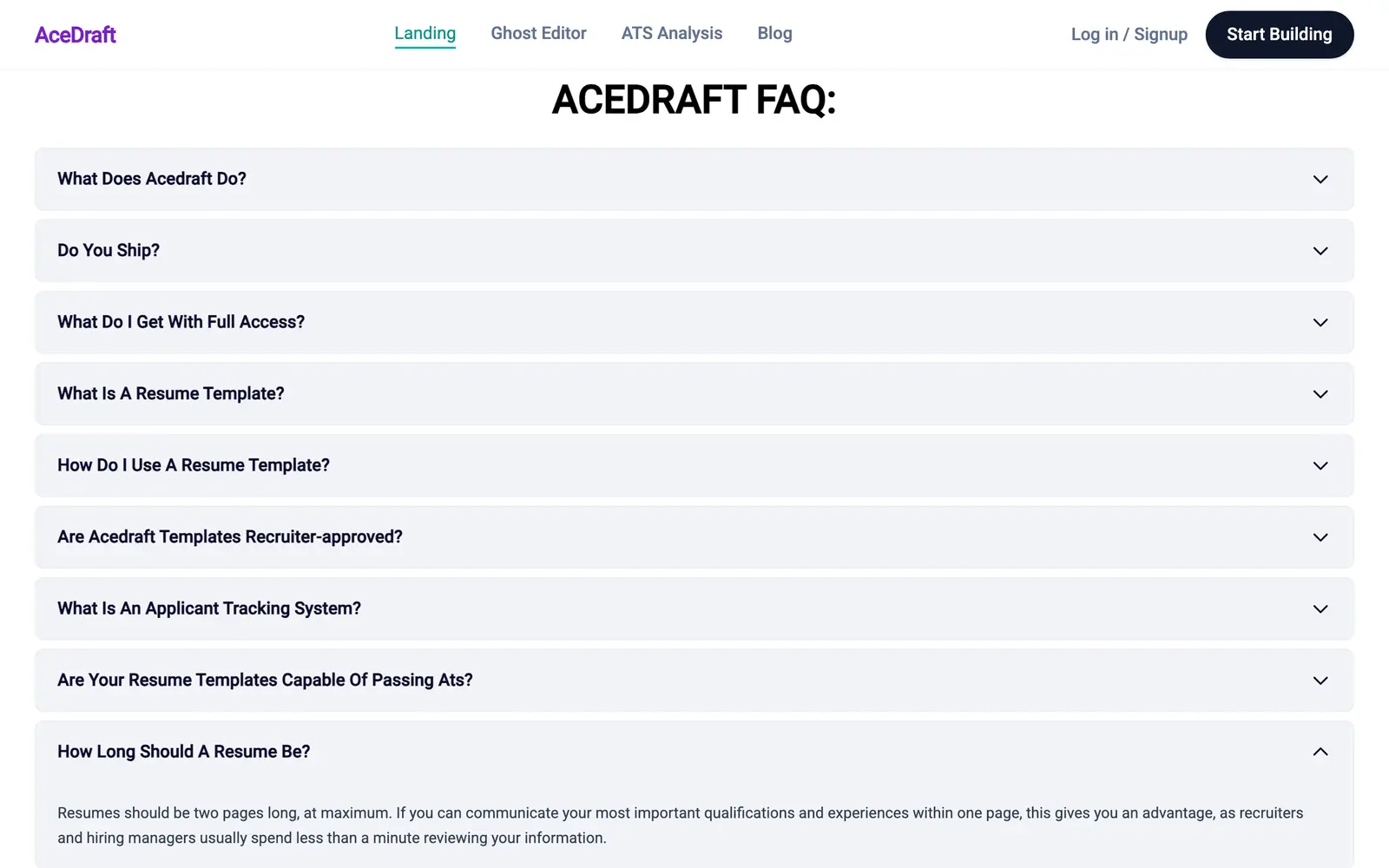 The FAQ page with How Long Should A Resume Be expanded and its answer showing, while What Is An Applicant Tracking System, which was open a moment earlier, has collapsed back to a closed row